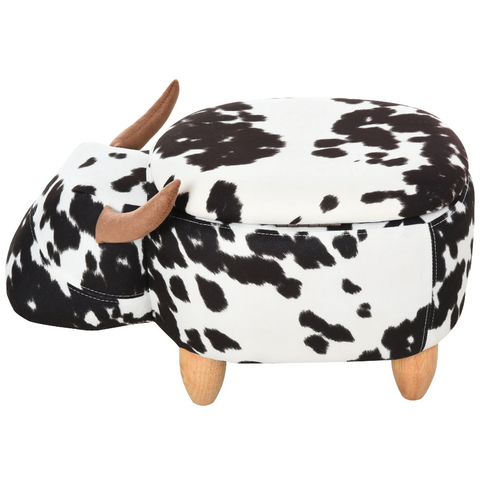 Rootz Hocker - Pouf - Cow - For Children - Storage Space - Black - White - Fabric - Rubberwood - 62 x 35 x 36 cm