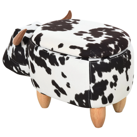 Rootz Hocker - Pouf - Cow - For Children - Storage Space - Black - White - Fabric - Rubberwood - 62 x 35 x 36 cm