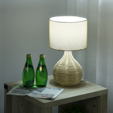 Rootz Table lamp - Mood lighting - Bedside lamp - E27 - Rattan - Linen - Steel - Beige - 22 x 22 x 40 cm
