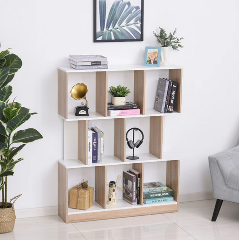 Rootz Bookcase - Storage Cabinet - 8 Open Compartments - 3 Levels - MDF - Natural - White - 100 x 30 x 124 cm
