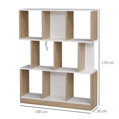 Rootz Bookcase - Storage Cabinet - 8 Open Compartments - 3 Levels - MDF - Natural - White - 100 x 30 x 124 cm
