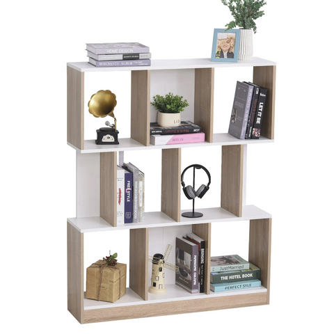 Rootz Bookcase - Storage Cabinet - 8 Open Compartments - 3 Levels - MDF - Natural - White - 100 x 30 x 124 cm
