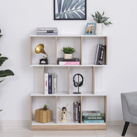 Rootz Bookcase - Storage Cabinet - 8 Open Compartments - 3 Levels - MDF - Natural - White - 100 x 30 x 124 cm