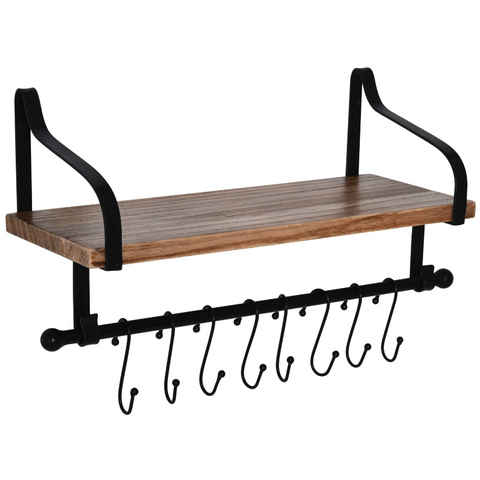 Rootz Wall Shelf - Floating Shelf - Kitchen Shelf - 8 Hooks - Solid Wood - Brown - Black - 48 x 18.5 x 21 cm