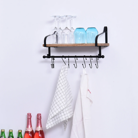 Rootz Wall Shelf - Floating Shelf - Kitchen Shelf - 8 Hooks - Solid Wood - Brown - Black - 48 x 18.5 x 21 cm
