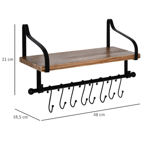 Rootz Wall Shelf - Floating Shelf - Kitchen Shelf - 8 Hooks - Solid Wood - Brown - Black - 48 x 18.5 x 21 cm
