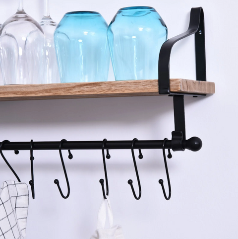 Rootz Wall Shelf - Floating Shelf - Kitchen Shelf - 8 Hooks - Solid Wood - Brown - Black - 48 x 18.5 x 21 cm
