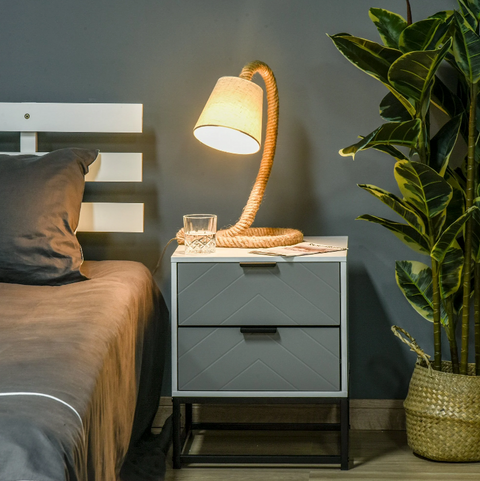 Rootz Table Lamp - Modern - Hemp Rope - Linen Look - Lampshade - E14 - Brown - Cream - 29.5 x 21 x 43.5 cm