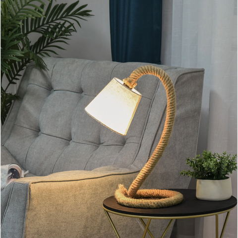 Rootz Table Lamp - Modern - Hemp Rope - Linen Look - Lampshade - E14 - Brown - Cream - 29.5 x 21 x 43.5 cm