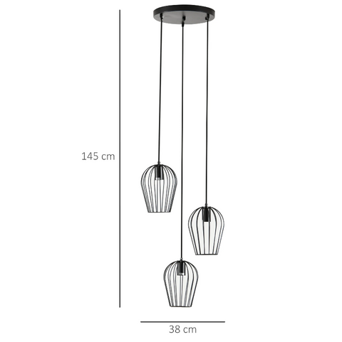 Rootz Hanging Lamp - Ceiling Lamp - Cage Design - Three Lamps - Chandelier - Modern - Black - Metal - 38 x 38 x 145 cm