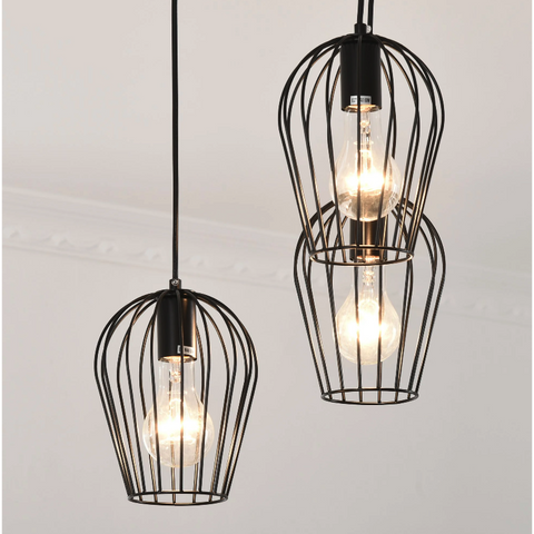 Rootz Hanging Lamp - Ceiling Lamp - Cage Design - Three Lamps - Chandelier - Modern - Black - Metal - 38 x 38 x 145 cm