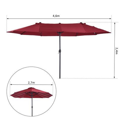 Rootz Parasol - Market Parasol - Large Parasol - Double Parasol - Water-repellent - Polyester - Green/Cream/Grey/Coffee/Black/Red - L460 x W270 x H240 cm
