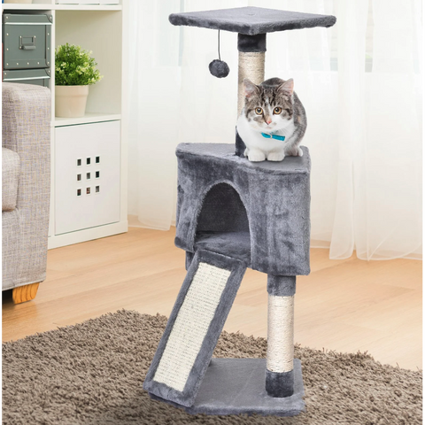 Rootz Scratching Post - Cat Tree - Cat House - Cave - Gray - Beige - Crafted Wood - Plush - 40 x 40 x 98 cm