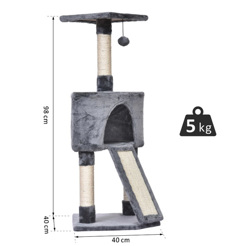Rootz Scratching Post - Cat Tree - Cat House - Cave - Gray - Beige - Crafted Wood - Plush - 40 x 40 x 98 cm