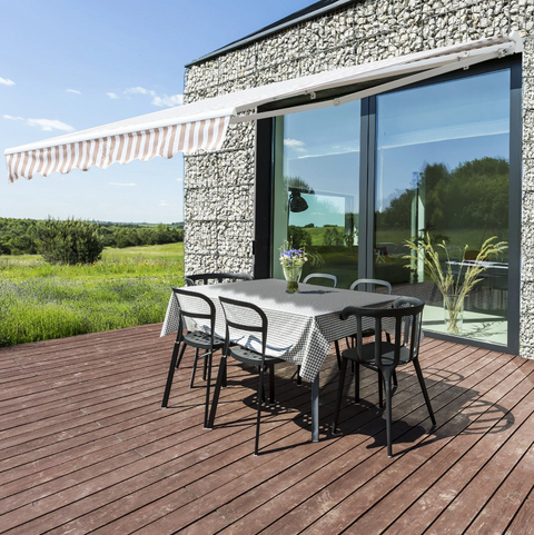 Rootz Voortent - Zonwering - Handslinger - Knikarm - Elektrisch - Aluminium - Zonwering - Beige - Wit - 300 x 250 cm