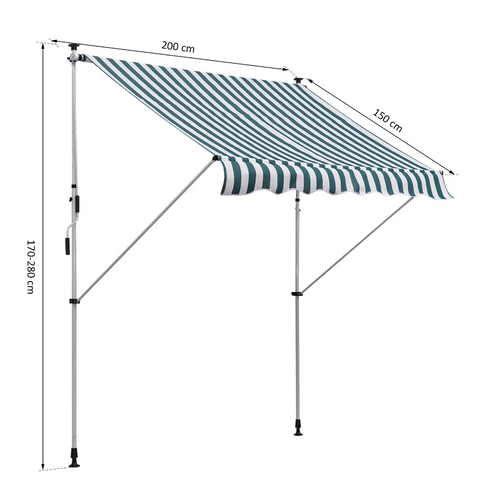 Rootz Awning - Sun protection - Articulated arm - Hand crank - Aluminum - Green/Blue - White - 2 x 1.5 m