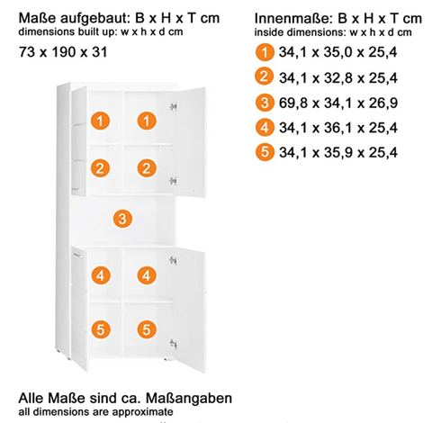 Rootz Bathroom Cabinet - High Cabinet with Open Compartment - High Gloss - 73 x 190 x 31 cm