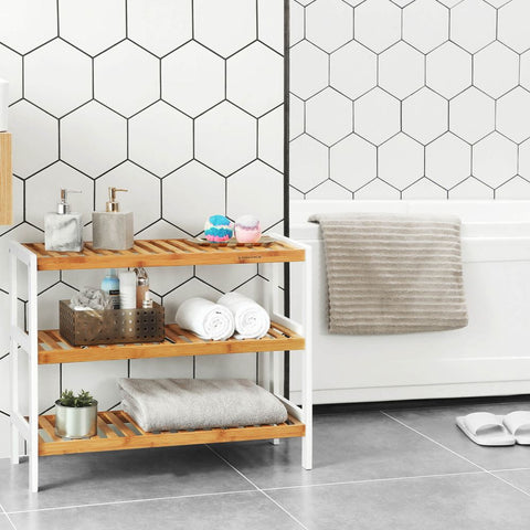 Rootz Schoenenrek - Bamboe Met 3 Niveaus - Schoenenopbergrek - Ingang Schoenenrek - Schoenenorganizer - Schoenenkast - Bamboe - Naturel + Wit - 70 x 55 x 26 cm (B x H x D)