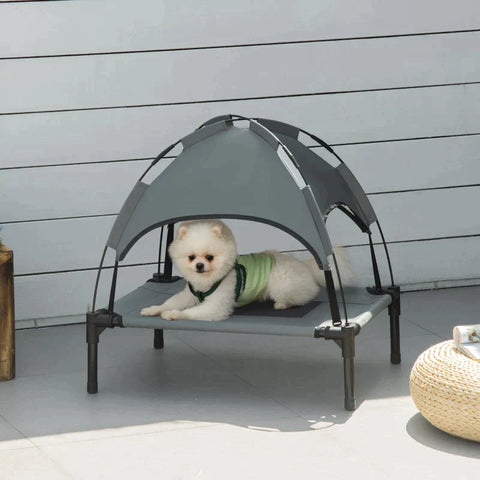 Rootz Pet Bed With Canopy - Raised Dog Bed - Outdoor Dog Lounger With Roof - Breathable - Taffeta Grey - 61 x 46 x 62 cm
