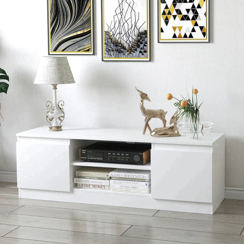 Rootz TV Bench - TV Dresser - TV Table - With 2 Shelves - 2 Cabinets - Chipboard - White - 120 x 39.5 x 40 cm