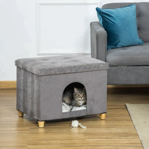 Rootz Cat Cave - Cat House - Cat Basket - 2-in-1 Cat Cave - With Cushion - Wooden Legs - Grey - 60 x 45 x 44.5 cm