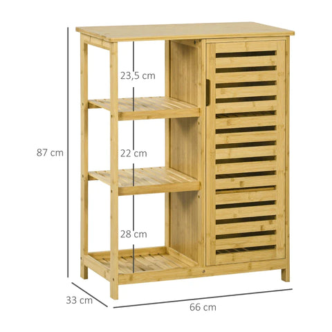 Rootz Bathroom Cabinet - 3 Shelves - Air Circulation - 1 Cabinet - Anti-tip Design - Slat Doors - Bamboo - Natural Wood - 66L x 33W x 87H cm