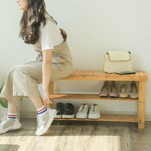 Rootz Shoe Rack - Bench With Bamboo Shoe Rack - Shoe Storage Bench - Entryway Shoe Bench - Shoe Organizer - Shoe Cabinet - Bamboo - 90 x 45 x 28 cm