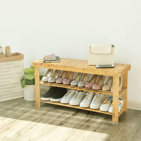Rootz Shoe Rack - Bench With Bamboo Shoe Rack - Shoe Storage Bench - Entryway Shoe Bench - Shoe Organizer - Shoe Cabinet - Bamboo - 90 x 45 x 28 cm