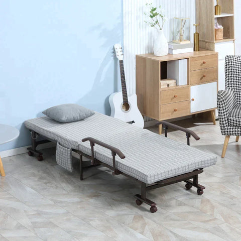 Rootz Folding Bed - Guest Bed - Reclining Backrest - Armrests - 8 Wheels - Steel Frame - Light Grey/Black - 190 x 76 x 33cm