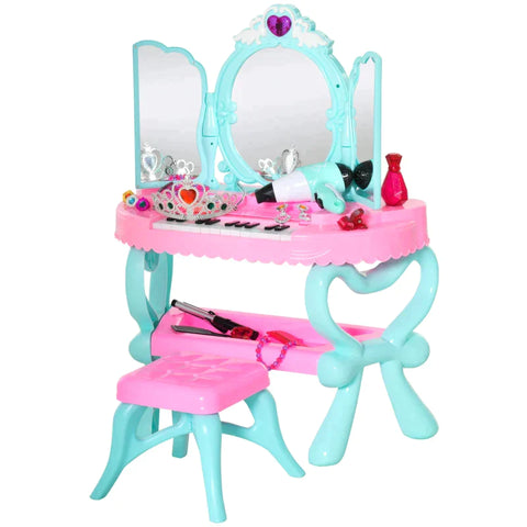 Rootz Children's Dressing Table - Baby Make-up Table With Stool Piano Music - PP plastic - PVC - Blue + Pink - 49.5L x 23W x 66H cm