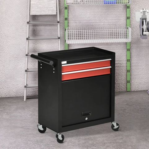 Rootz Workshop Trolley - Tool Trolley - Cabinet - 4 Wheel 2 Drawer 1 Cabinet - Steel - Red/Black - 62cm x 33cm x 74cm