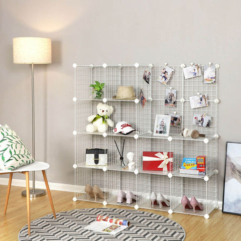 Rootz Shelf System With 16 Grid Cubes - Wardrobe With Plug-in Shelves - Cube Storage Organizer - Multi-tier Cube Shelf - Cube Wall Organizer - White - 123 x 31 x 123 cm (W x D x H)