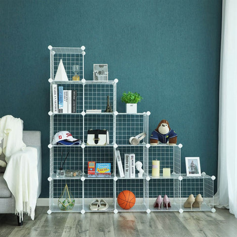 Rootz Shelf System With 16 Grid Cubes - Wardrobe With Plug-in Shelves - Cube Storage Organizer - Multi-tier Cube Shelf - Cube Wall Organizer - White - 123 x 31 x 123 cm (W x D x H)