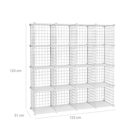 Rootz Shelf System With 16 Grid Cubes - Wardrobe With Plug-in Shelves - Cube Storage Organizer - Multi-tier Cube Shelf - Cube Wall Organizer - White - 123 x 31 x 123 cm (W x D x H)