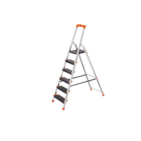 Rootz Trapladder - Trapladder met 6 treden - Opklapbare trapladder - Opstapkruk - Aluminium trapladder - Draagbare trapladder - Multifunctionele trapladder - Heavy-duty trapladder - Metallic grijs + zwart + oranje - 48,5 x 12 x 202 cm (L x B x H) .