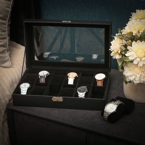 Rootz Horlogedoos - Elegante horlogedoos voor 12 horloges - Horlogeopbergdoos - Luxe horloge-organizer - Reishorlogekast - Horlogedoos met meerdere sleuven - MDF-platen - Zwart - 30 x 21 x 8,5 cm (L x B x H)