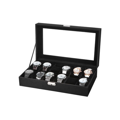 Rootz Horlogedoos - Elegante horlogedoos voor 12 horloges - Horlogeopbergdoos - Luxe horloge-organizer - Reishorlogekast - Horlogedoos met meerdere sleuven - MDF-platen - Zwart - 30 x 21 x 8,5 cm (L x B x H)