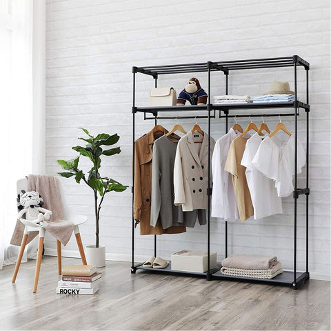 Rootz Wardrobe - Fabric Wardrobe - Foldable Wardrobe - With 2 Clothes Rails - Fabric Wardrobe Storage - Textile Storage - Non-woven Fabric - Metal Tubes - Black - 140 x 43 x 174 cm (L x W x H)