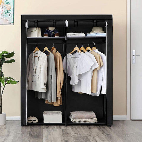 Rootz Wardrobe - Fabric Wardrobe - Foldable Wardrobe - With 2 Clothes Rails - Fabric Wardrobe Storage - Textile Storage - Non-woven Fabric - Metal Tubes - Black - 140 x 43 x 174 cm (L x W x H)