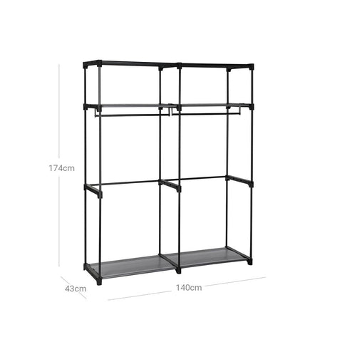 Rootz Wardrobe - Fabric Wardrobe - Foldable Wardrobe - With 2 Clothes Rails - Fabric Wardrobe Storage - Textile Storage - Non-woven Fabric - Metal Tubes - Black - 140 x 43 x 174 cm (L x W x H)