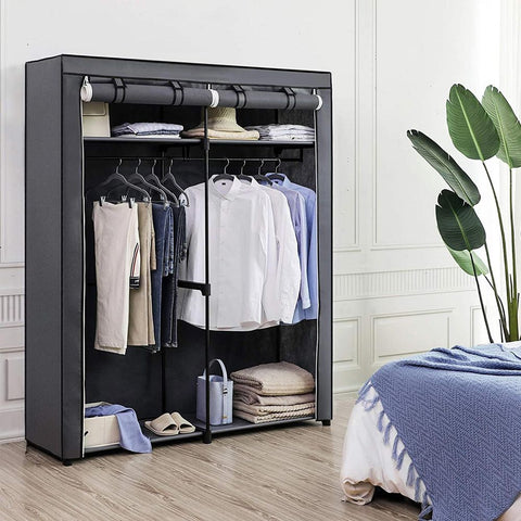 Rootz Wardrobe - Fabric Wardrobe - Foldable Wardrobe - With 2 Clothes Rails - Fabric Wardrobe Storage - Textile Storage - Non-woven Fabric - Metal Tubes - Gray - 140 x 43 x 174 cm (L x W x H)