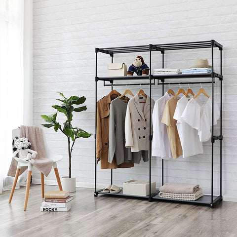 Rootz Wardrobe - Fabric Wardrobe - Foldable Wardrobe - With 2 Clothes Rails - Fabric Wardrobe Storage - Textile Storage - Non-woven Fabric - Metal Tubes - Gray - 140 x 43 x 174 cm (L x W x H)