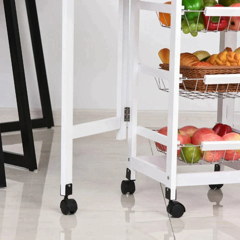 Rootz Kitchen Trolley - Drop-leaf Kitchen Trolley - Baskets Drawer - 6 Wheels Rolling Storage Unit - Kitchen - Home - Dining Cart - White/Brown - 97.2 cm x 37 cm x 77.5 cm