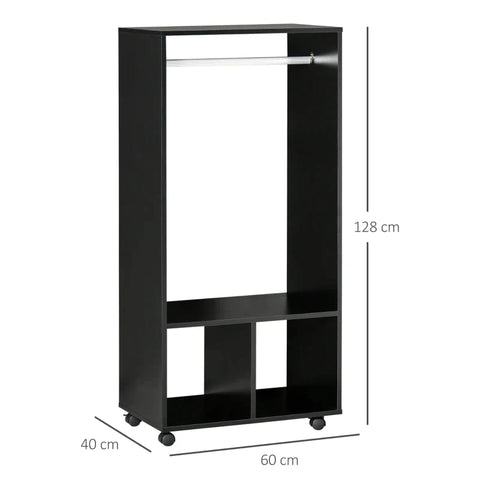 Rootz Wardrobe Sets - Mobile Wardrobe - Wardrobe Cabinet - Shelf 4 Swivel Wheels - Living Room - Bedroom Aluminum - Black - 60 x 40 x 128 cm