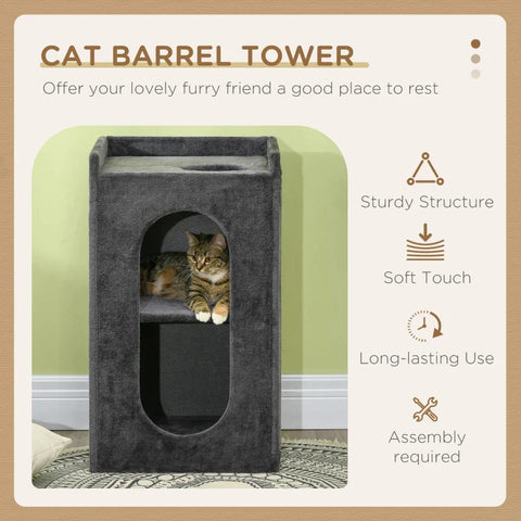 Rootz Scratching Barrel With 2 Cat Caves - Cat Tower - 1 Lying Surface - Sisal Scratching Mat - Plush - Chipboard - Gray + Natural - 45L x 45W x 81H cm
