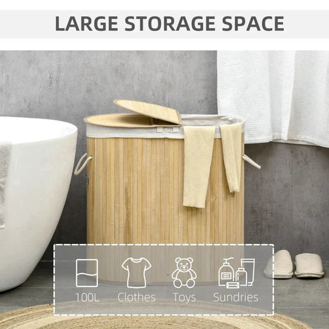 Rootz Wasmand - Bamboe Wasmand Met Deksel - Wasbank - Wasmand Met 2 Vakken - Uitneembare Wasbare Voering - Naturel + Wit - 62,5 cm x 37 cm x 60,5 cm