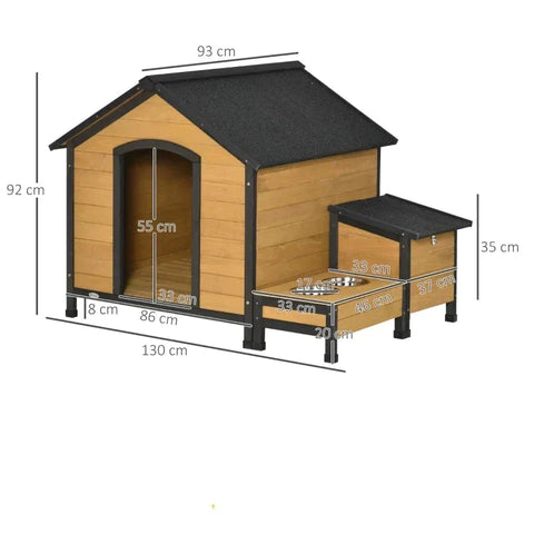 Rootz hondenkennel - houten hondenhok - hondenhok - knaagdierhuis - met 2 hondenbakken - weerbestendige hut - dennenhout - natuurlijk hout - 130 x 93 x 92 cm