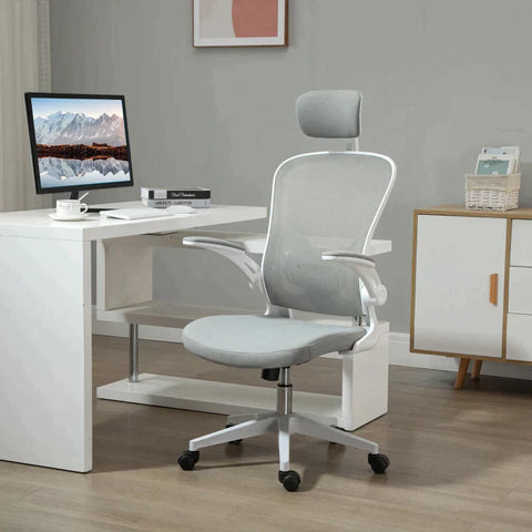 Rootz Bürostuhl – Ergonomischer Schreibtischstuhl mit Wippfunktion – hohe Rückenlehne, Lordosenstütze – Kopfstütze – klappbar – Armlehne – Zuhause – Büro – Grau – 65 x 64 x 114–122 cm