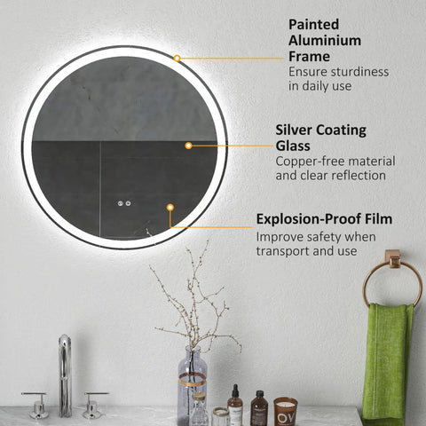 Rootz LED Bathroom Mirror - Round - Touch Function - Memory Function - No Fogging - Aluminum Frame - White+Silver - 60 x 60 cm