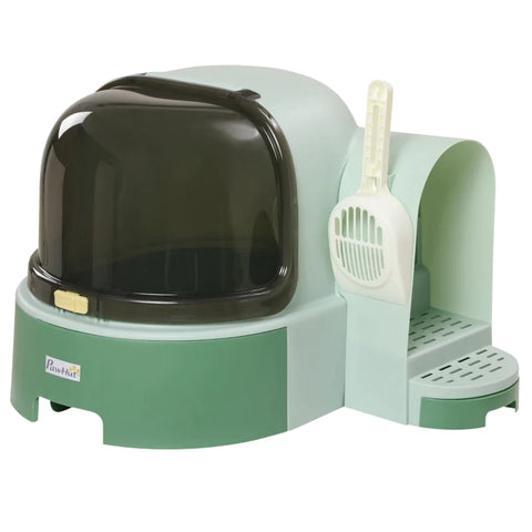 Rootz Cat Litter Box - 2 Pull-Out Trays - 1 Shovel - Litter Tray - Removable Hood - Green + Black - 52cm x 60cm x 42cm